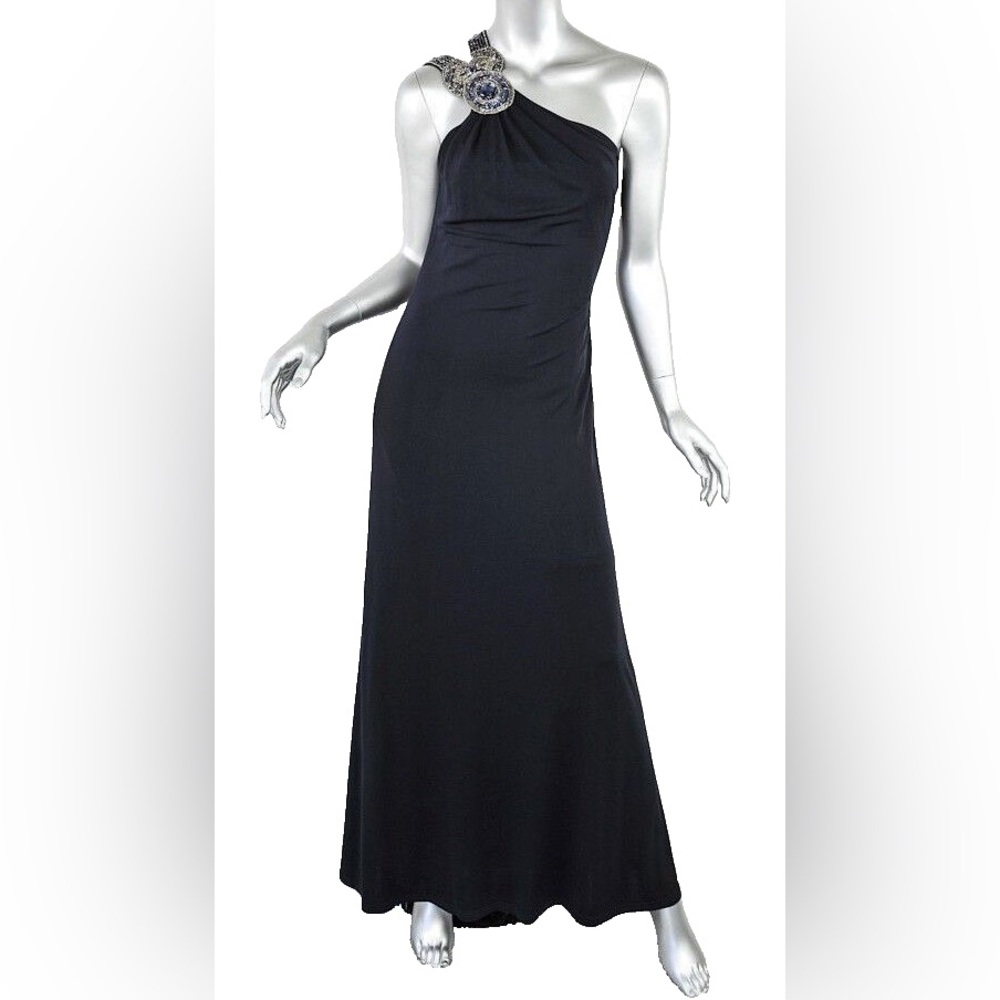 David Meister Black One Shoulder Gown with Silver Embellishments